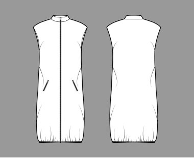 Kolsuz, yakalı, fermuarlı fermuarlı fermuarlı, diz boyu