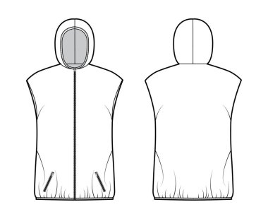 Kapüşonlu, kabarık yelekli, teknik moda illüstrasyonu fermuarlı, cepli, geniş, kalça uzunluğunda.