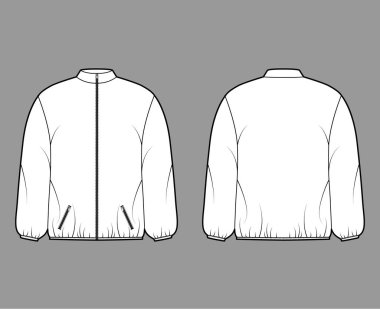 Kabarık ceketli, uzun kollu, yakalı, fermuarlı, kasalı, kalça uzunluğunda, teknik tasvirler.
