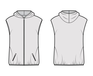 Kapüşonlu, kabarık yelekli, teknik moda illüstrasyonu fermuarlı, cepli, geniş, kalça uzunluğunda.