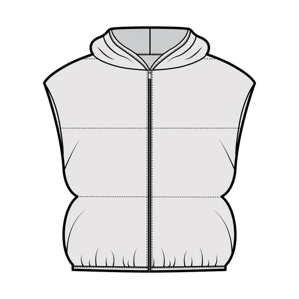 Gilet con cappuccio in piuma puffer illustrazione tecnica di moda con chiusura a zip, allentato, lunghezza del raccolto, trapuntatura ampia — Vettoriale Stock