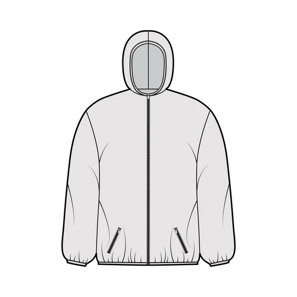 Jaqueta de casaco de puffer ilustração de moda técnica com mangas compridas, colar com capuz, bolsos, encaixe de caixa, comprimento de quadril —  Vetores de Stock