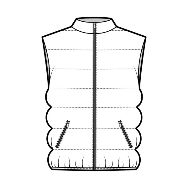 Para baixo colete puffer colete técnico moda ilustração com gola de pé, fecho zip-up, oversized, colcha clássica — Vetor de Stock