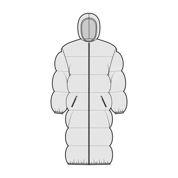 Jaqueta de casaco de puffer ilustração de moda técnica com colar com capuz, fecho de correr, comprimento do joelho, acolchoamento largo — Vetor de Stock