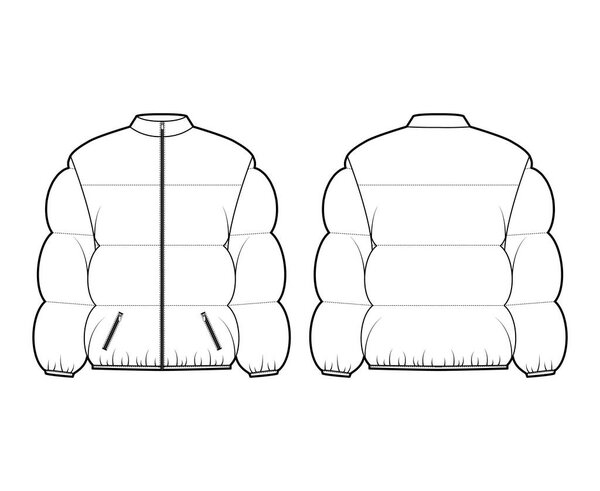 Down puffer coat jacket technical fashion illustration with stand, zip-up closure, boxy fit, hip length, wide quilting