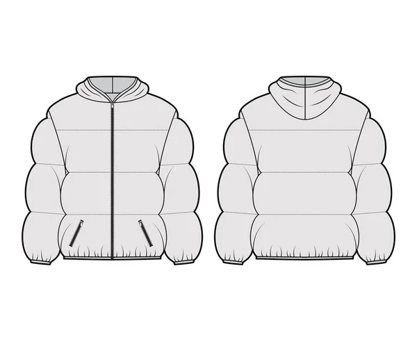Bluza z kapturem Płaszcz puffer techniczny moda ilustracja z długimi rękawami, kieszenie, długość biodra, szerokie kołdry — Wektor stockowy