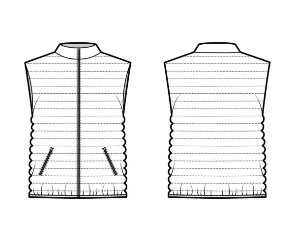 Down vest kogelvrije vest technische mode illustratie met standaard kraag, losse pasvorm, heuplengte, smalle quilten — Stockvector