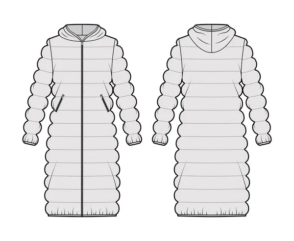 긴 소매, 무릎 길이, 지나치게 큰 것으로 장식된 껍질을 코트 재킷에 담근 기술적 인 패션 삽화 — 스톡 벡터