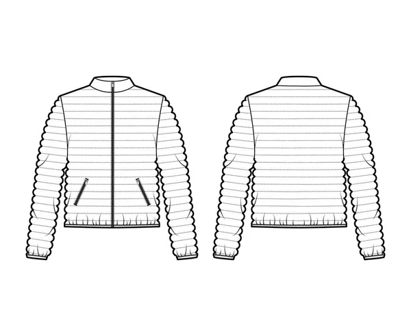 Down puffer jacket ilustração de moda técnica com mangas compridas, gola, fecho de correr, bolsos, comprimento do quadril — Vetor de Stock