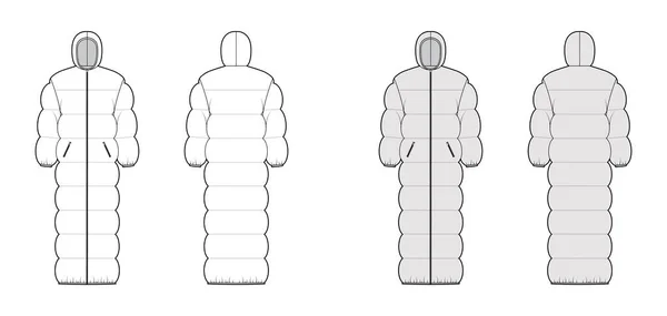 Bluza z kapturem puffer pikowane powłoki dół płaszcz kurtka techniczna moda ilustracja z długimi rękawami, zamek błyskawiczny, przerośnięte — Wektor stockowy