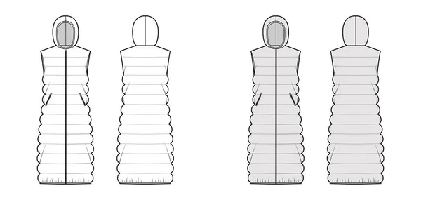 Capuz para baixo colete puffer cintura técnica moda ilustração com fecho zip-up, comprimento midi, colcha clássica —  Vetores de Stock