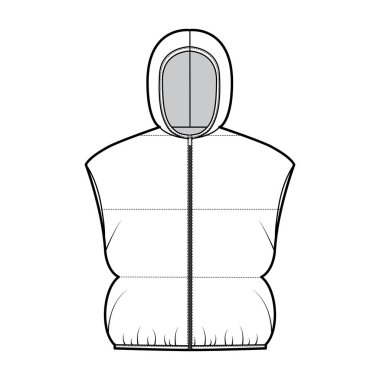 Kapüşonlu yelekli kabarık yelek teknik moda illüstrasyonu fermuarlı, gevşek, mahsul uzunluğunda, geniş yorgan kaplama