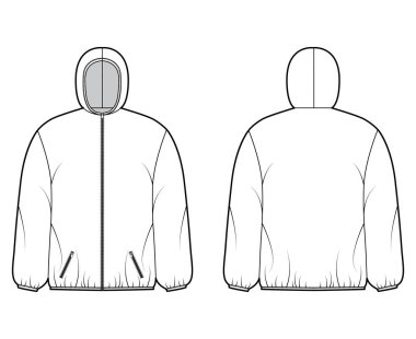 Kabarık ceketli, uzun kollu, kapüşonlu yakalı, cepli, dar kesim, kalça uzunluğuyla...