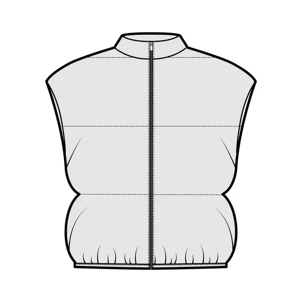 Chaleco abajo chaleco hinchable chaleco técnica ilustración de moda con sin mangas, cuello de pie, cierre con cremallera, longitud de la cosecha — Archivo Imágenes Vectoriales