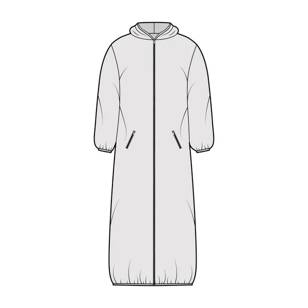 Casaco com capuz acolchoado casaco puffer ilustração de moda técnica com mangas compridas, comprimento maxi, fecho zip-up —  Vetores de Stock