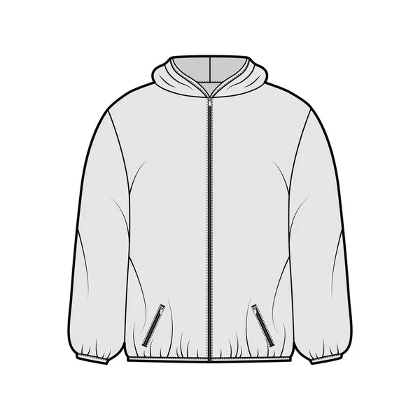 Veste manteau soufflé illustration de mode technique à manches longues, col à capuche, poches, coupe boxy, longueur de la hanche — Image vectorielle