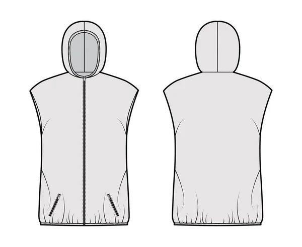 Hooded Down vest puffer waistcoat technical fashion illustration with zip-up closure, pockets, oversized, hip length — Stock Vector