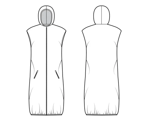 Gilet en duvet gilet gonflable illustration technique de mode avec col à capuche, fermeture zippée, poches, lâche, longueur du genou — Image vectorielle