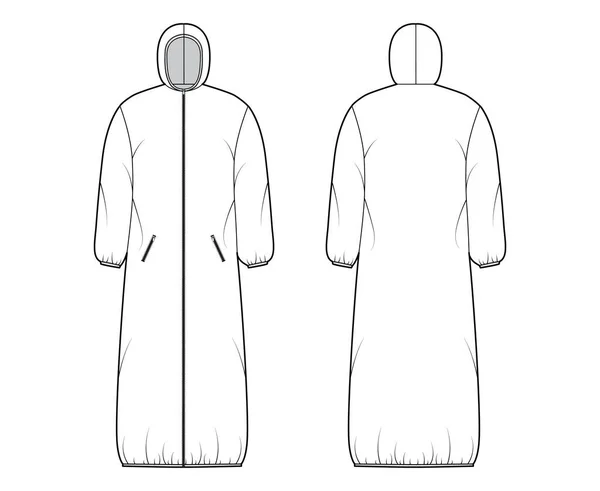 З капюшоном піджак оболонки пуховик технічної моди ілюстрація з довгими рукавами, довжиною максі, закриттям блискавки — стоковий вектор