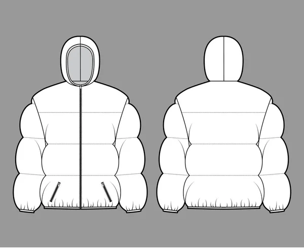 Huva jacka Down puffer päls teknisk mode illustration med långa ärmar, fickor, höft längd, bred quiltning — Stock vektor