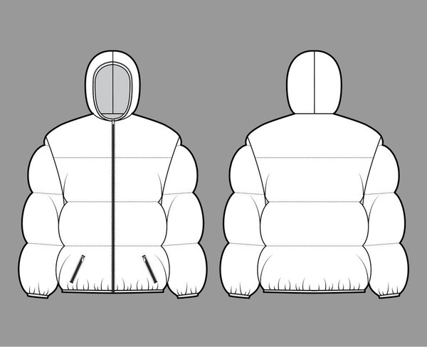 Hooded jacket Down puffer coat technical fashion illustration with long sleeves, pockets, hip length, wide quilting