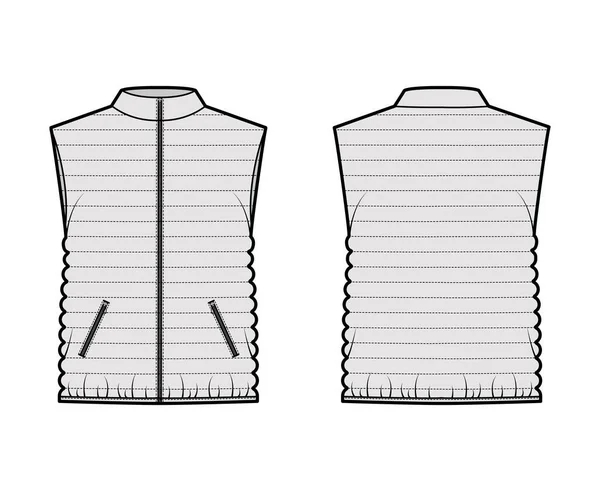 Down vest kogelvrije vest technische mode illustratie met standaard kraag, losse pasvorm, heuplengte, smalle quilten — Stockvector