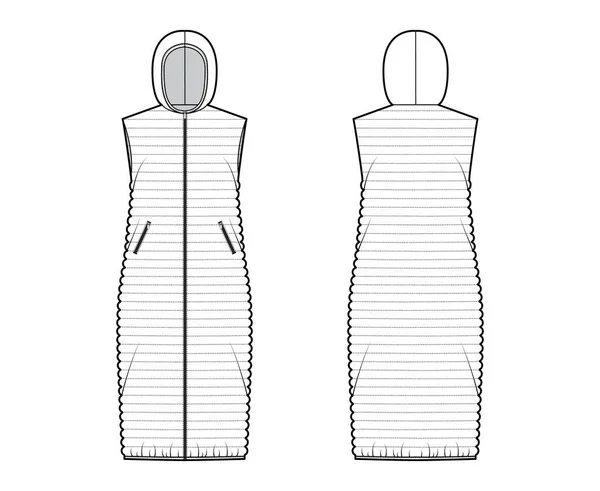 Dunväst puffer väst teknisk mode illustration med hoody krage, zip-up stängning, fickor, lös kropp — Stock vektor