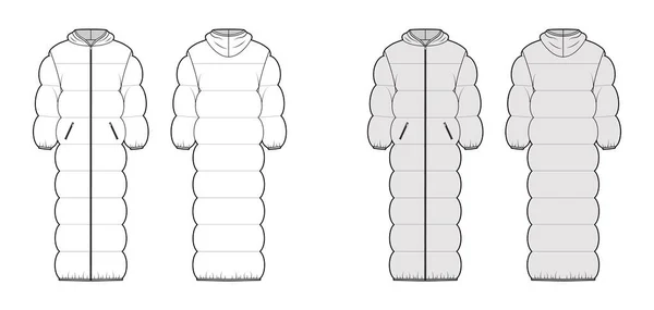 Pufr s kapucí prošívaná mušle dolů kabát bunda technické módní ilustrace s dlouhými rukávy, zip-up uzávěr, nadrozměrné — Stockový vektor
