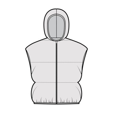 Kapüşonlu yelekli kabarık yelek teknik moda illüstrasyonu fermuarlı, gevşek, mahsul uzunluğunda, geniş yorgan kaplama