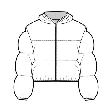 Kapüşonlu ceket. Uzun kollu, fermuarlı, kutu şeklinde, hasat uzunluğunda, kabarık ceketli teknik moda illüstrasyonu.