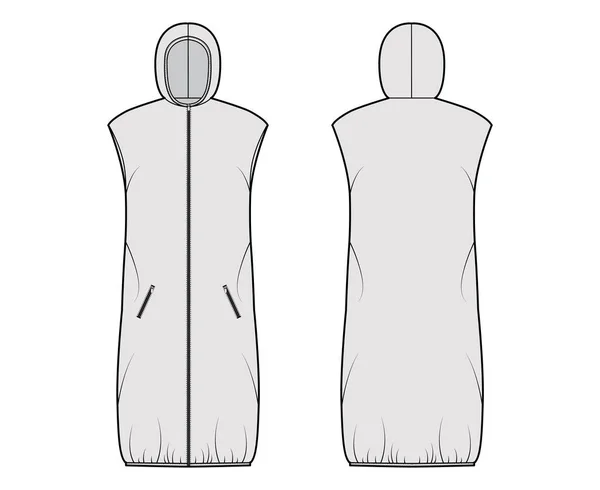 Gilet en duvet gilet gonflable illustration technique de mode avec col à capuche, fermeture zippée, poches, lâche, longueur du genou — Image vectorielle