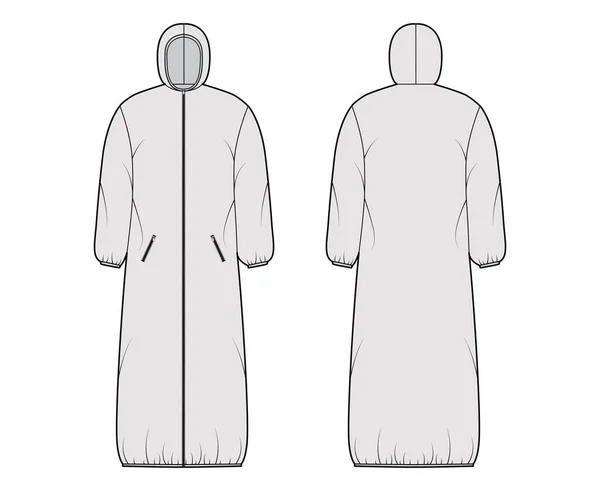 Kapucnis párnázott köpeny kabát puffer technikai divat illusztráció hosszú ujjú, maxi hosszúságú, cipzáras lezárás — Stock Vector