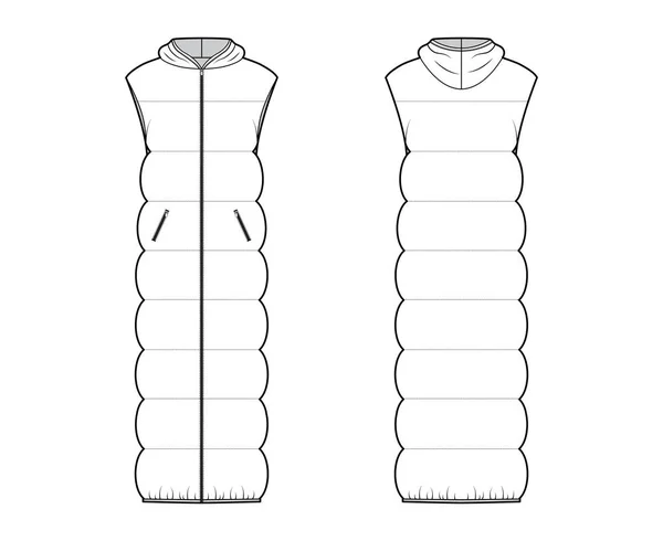 Para baixo colete puffer colete técnico moda ilustração com mangas, colar com capuz, fecho zip-up, comprimento maxi — Vetor de Stock