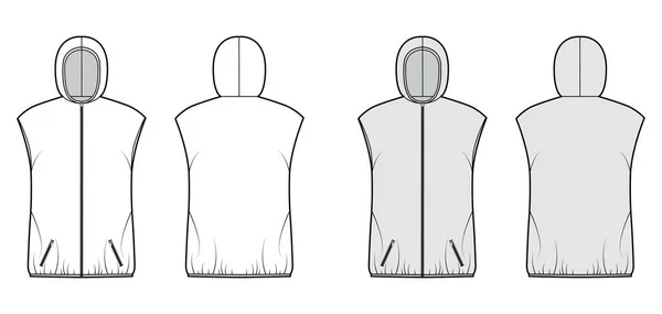 Gilet à capuche gilet gonflable illustration de mode technique avec fermeture éclair, poches, surdimensionné, longueur de la hanche — Image vectorielle