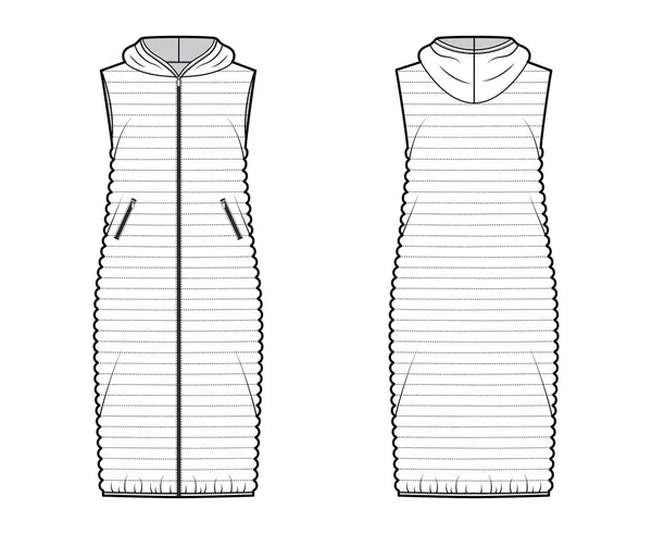 아래에 있는 조끼 조끼 양복 기술 패션 일러스트 후드 칼라, 지퍼 업 폐쇄, 주머니, 느슨 한 몸 — 스톡 벡터