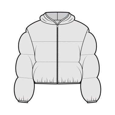 Kapüşonlu ceket. Uzun kollu, fermuarlı, kutu şeklinde, hasat uzunluğunda, kabarık ceketli teknik moda illüstrasyonu.