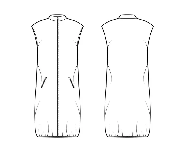 Daunenweste Puffer Weste technische Mode Illustration mit ärmellos, Stehkragen, Reißverschluss, Knielänge — Stockvektor