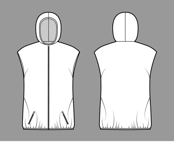 Capuz para baixo colete puffer cintura técnica moda ilustração com fecho de correr, bolsos, oversized, comprimento do quadril — Vetor de Stock
