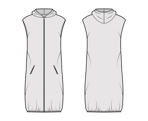Down γιλέκο puffer γιλέκο τεχνική εικόνα μόδας με κουκούλα γιακά, zip-up κλείσιμο, τσέπες, χαλαρά, γόνατο μήκος — Διανυσματικό Αρχείο