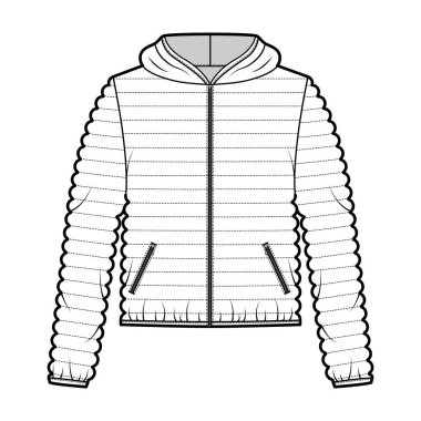 Kapüşonlu ceket. Uzun kollu, fermuarlı kapaklı, cebi dar, yorgan dikme tekniği.