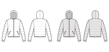 Hooded jacket Down puffer coat technical fashion illustration with zip-up closure, pockets, oversized, classic quilting clipart