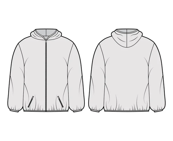 Puffer jacka teknisk mode illustration med långa ärmar, hoody krage, fickor, boxy passform, höft längd — Stock vektor