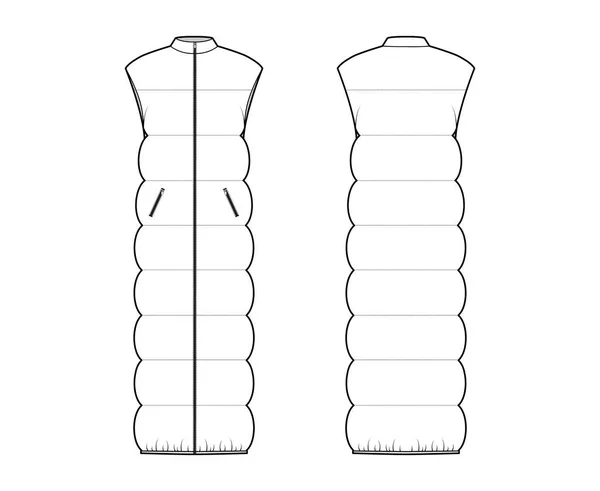 Gilet en duvet gilet gonflable illustration de mode technique avec col montant, fermeture éclair, poches, longueur maxi — Image vectorielle