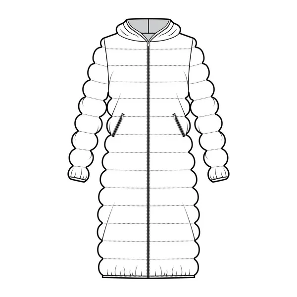 Huvud quiltat skal dunjacka puffer teknisk mode illustration med lång ärm, knälängd, överdimensionerad — Stock vektor