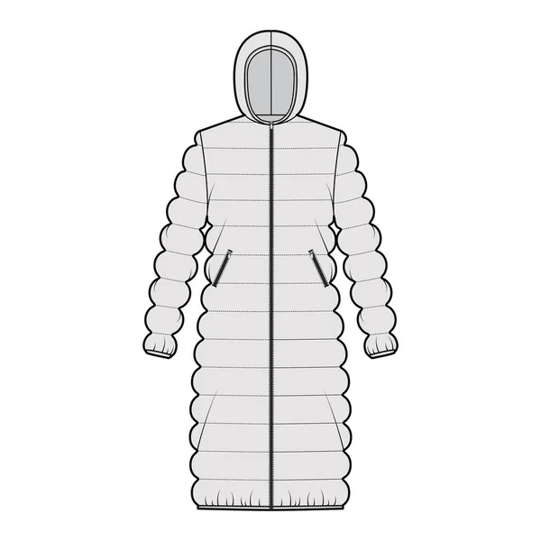 Huvud quiltat skal dunjacka puffer teknisk mode illustration med lång ärm, knälängd, överdimensionerad — Stock vektor