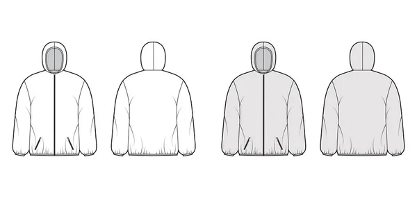 Puffermantel Jacke technische Mode Illustration mit langen Ärmeln, Kapuzenkragen, Taschen, boxige Passform, Hüftlänge — Stockvektor