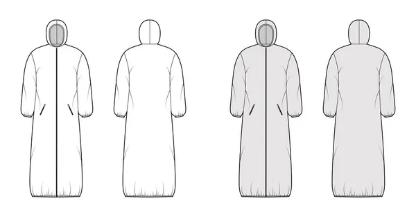 Κουκούλα παραγεμισμένο σακάκι παλτό puffer τεχνική εικόνα μόδας με μακριά μανίκια, maxi μήκος, zip-up κλείσιμο — Διανυσματικό Αρχείο