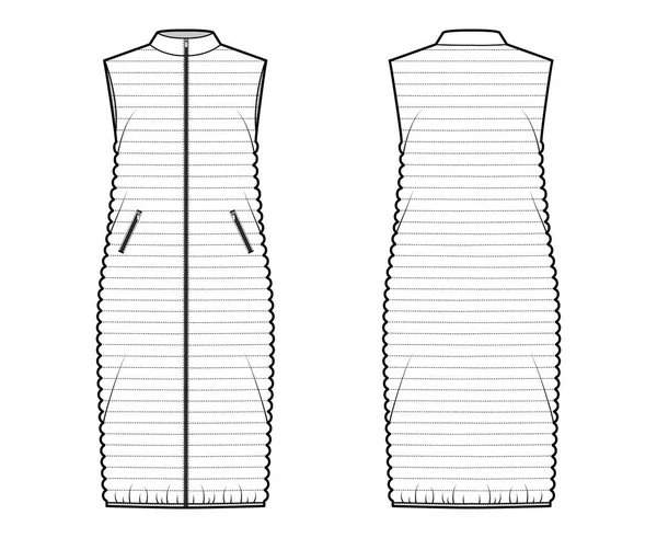 Down vest kogelvrije vest technische mode illustratie met mouwloze, standaard kraag, rits-up, zakken, midi lengte — Stockvector