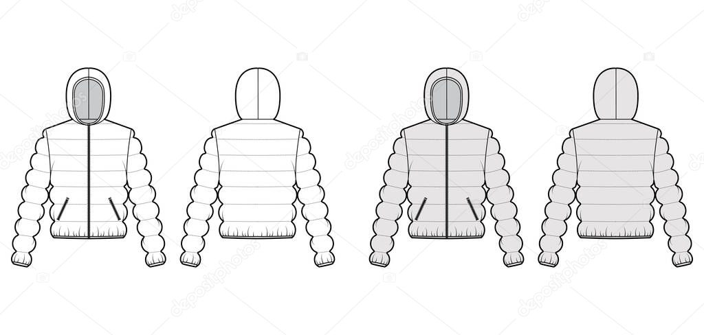 Hooded jacket Down puffer coat technical fashion illustration with zip-up closure, pockets, oversized, classic quilting