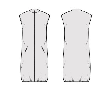 Kolsuz, yakalı, fermuarlı fermuarlı fermuarlı, diz boyu